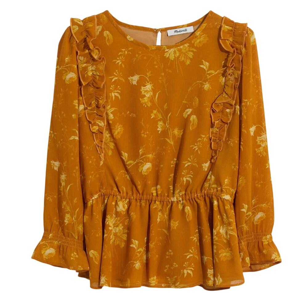 Madewell Mustard Floral Ruffle Peplum Blouse